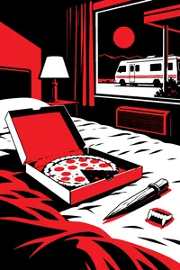 A pizza box lying open on a dusty motel bed beside a wooden stake and a pair of plastic vampire fangs, an RV parked outside the window.