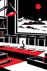 A snowbound Arctic research station at night, a row of empty specimen jars on a lab bench, one holding a single wriggling black worm.