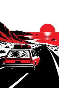 A dusty old station wagon speeding down an empty Nevada highway toward a distant ocean horizon, the rear windows smeared.