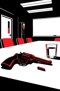 A revolver lying on a hospital conference table beside a single brass bullet and a cup of water, harsh fluorescent light overhead.