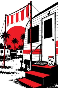 A shuttered sideshow trailer in a Florida trailer park, a rusty carnival banner frame, a bed of nails and a jar of live crickets on the step.