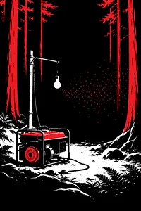 A sputtering generator and a single bare bulb in a dark old-growth forest, a cloud of tiny glowing green specks hovering at the edge of the light.