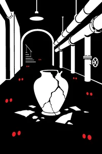 A cracked clay burial urn in a museum basement steam tunnel, a ring of small glowing eyes in the darkness around it.