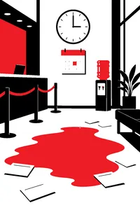 A bank lobby wall clock above a waterbed-shaped puddle on the floor, a calendar page stuck on the same day and a scattering of deposit slips.