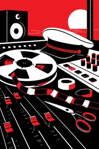 A reel of studio tape cut into pieces and spliced back together on a mixing console, a captain's hat resting beside it.