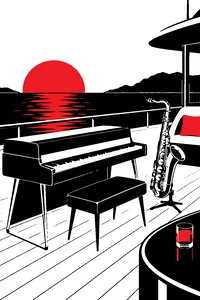 A Fender Rhodes electric piano and a gleaming saxophone on a yacht deck under soft evening light.