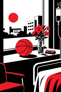 A basketball resting on a hospital windowsill beside a vase of flowers and a cassette tape.