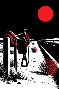 A lone horse saddle on a dusty highway shoulder at night between Houston and the Mexican border, wind blowing tumbleweeds past.