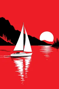 A small white sailboat gliding across a glassy, pastel-colored bay at dusk, sails full.