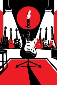 A glossy electric guitar on a studio stand surrounded by six other guitars leaned against the wall under late-night studio lamps.