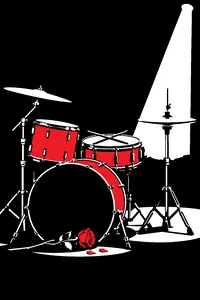 A drum kit with a single spotlight on the hi-hat, sticks crossed on the snare, a rose lying on the kick drum.