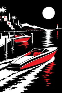 A sleek speedboat slipping out of a moonlit harbor, a second identical speedboat tied up at the dock behind it.