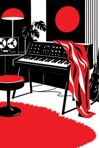A silk scarf draped over a vintage synthesizer in a dim 1970s studio with shag carpet.