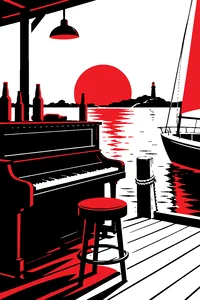 A rowdy bar piano on a dock, half a sailboat visible at the edge of the frame, beer bottles on the keys.