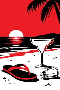 A single flip-flop and an empty salt shaker on a hot beach, a margarita glass with no salt on the rim.